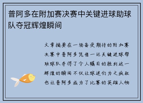 普阿多在附加赛决赛中关键进球助球队夺冠辉煌瞬间